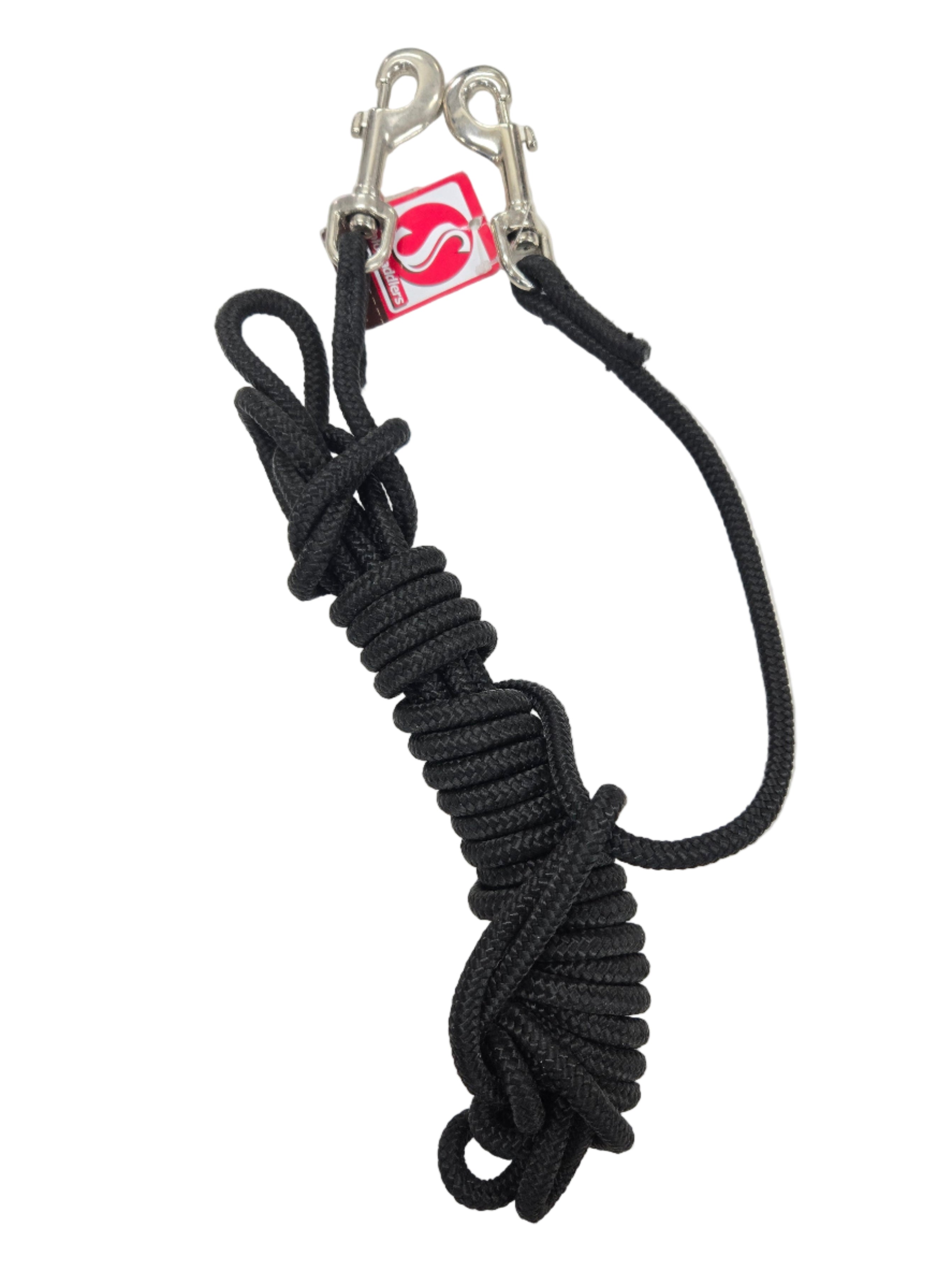 Black dog leash with a silver clasp on a white background